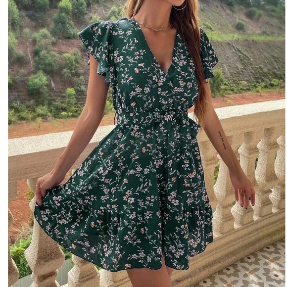 Boho Navy Blue Floral Lace Butterfly Sleeve Belted Mini Dress - Picture 11 of 13